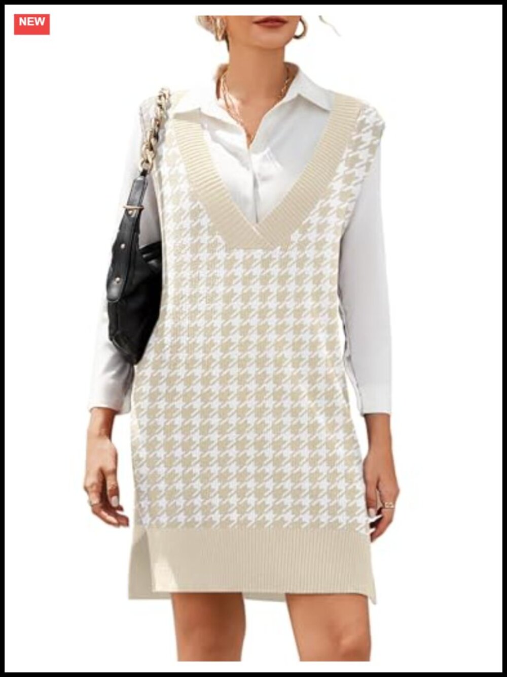 V Neck Sweater Vest Dress Oversized Sleeveless Knit Slit Short Pullover